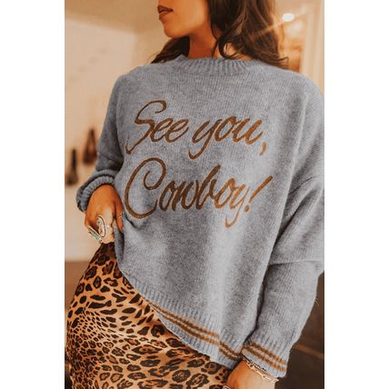 Light Grey See You Cowboy Embroidered Western Graphic Sweater