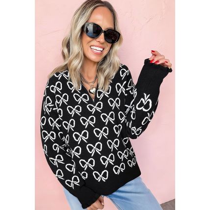 Black Cute Bow Pattern Drop Shoulder Zipped Collar Sweater