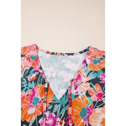Black Floral 3/4 Flare Sleeve Tied V Neck Blouse