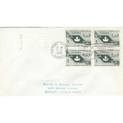 Canada 1965 International Co-operation Year Block of 4 FDC Ottawa cancel typed