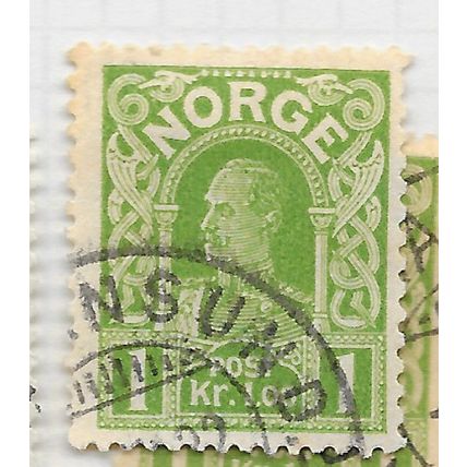 NORWAY 1910 HAAKON 1Kr SOLID BACKGROUND YELLOW-GREEN USED TOP STAMP ONLY