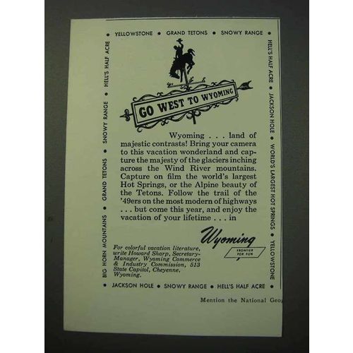 1951 Wyoming Tourism Ad - Go West to Wyoming