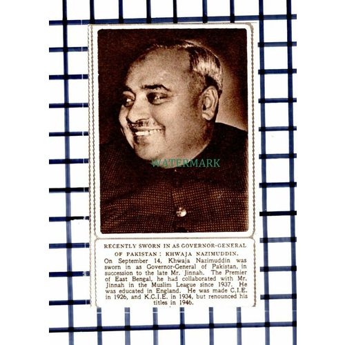 C6516) Khwaja Nazimuddin Governor General Pakistan - 1948 Cutting