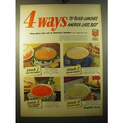 1950 Campbell's Soup Ad - 4 ways to build lunches America likes best