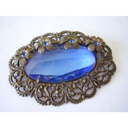 Brooch Large Czech Filigree Edwardian Oval Sash Pin Peacock Blue Faceted Crystal