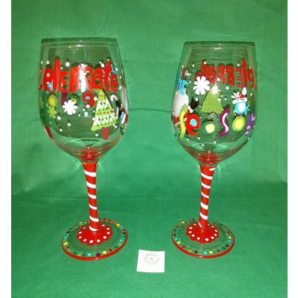 PAIR of HANDPAINTED PIER 1 CELEBRATE THE SEASON CHRISTMAS SANTA 9" WINE GLASSES