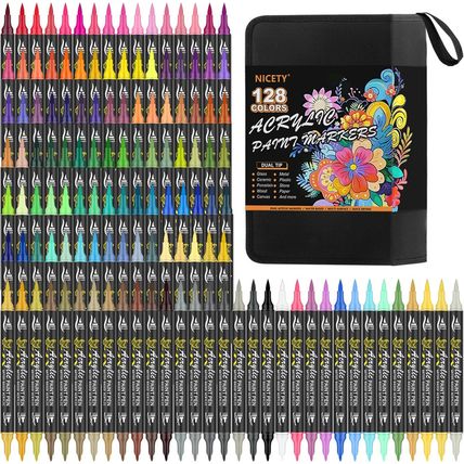 128 Acrylic Paint Markers, Dual Tip Brush Paint Pens for Rock Painting, Wood, Gl
