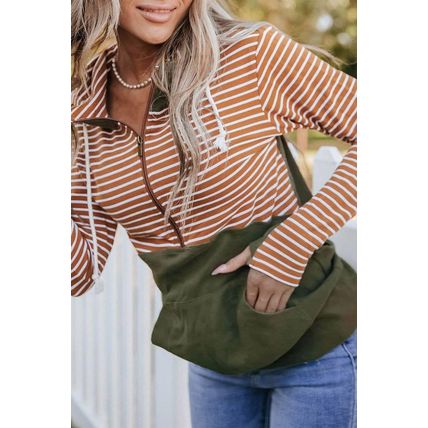 Orange Striped Color Block Patchwork Thumbhole Sleeve Hoodie
