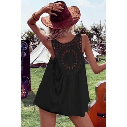 Black Bohemian Crochet Patchwork Sleeveless Tunic