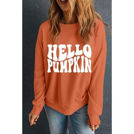 Orange Hello Pumpkin Graphic Drop Shoulder Halloween Sweatshirt