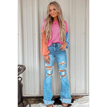 Rose Red Corded Colorblock Patchwork Drop Shoulder Long Sleeve Top