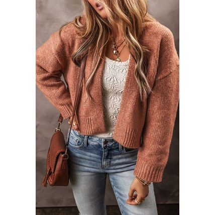 Light French Beige Drop Shoulder Open Front Cropped Cardigan