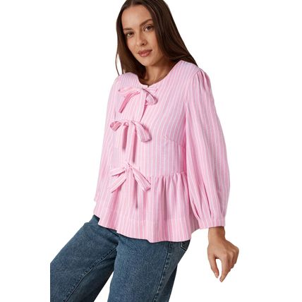 Pink Stripe Bowknot Front Crew Neck Puff Sleeve Blouse