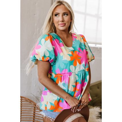 Pink Floral Print Bubble Sleeve V Neck Peplum Blouse
