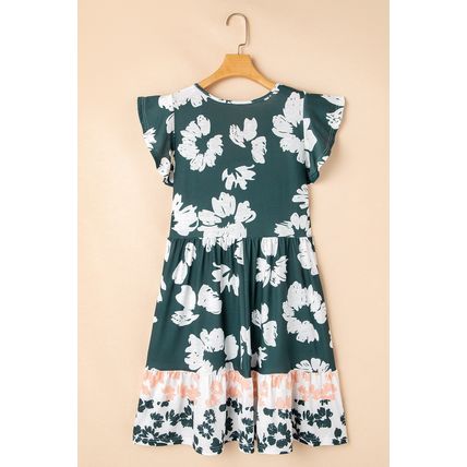 Green Floral Print Ruffle Sleeve Empire Waist Mini Dress
