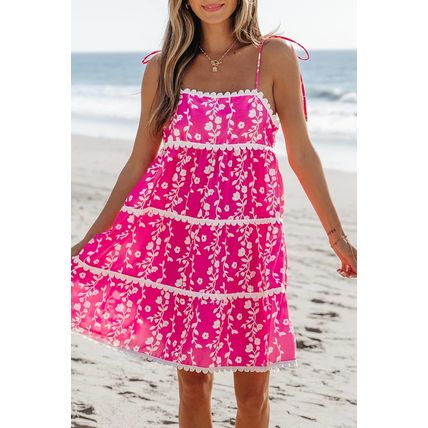 Pink Floral Print Ric Rac Patched Sleeveless Mini Dress