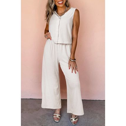 Apricot Buttoned V Neck Tank Top and Wide Leg Pants Casual Outfit