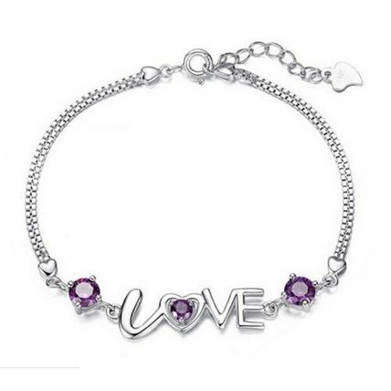 Silver Purple Amethyst LOVE Hearts Bracelet with Free Gift Bag