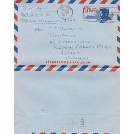 United States 1968 13c Aerogramme Madison Wisconsin-Bognor Regis UK VGC
