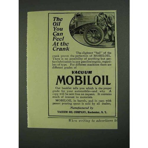 1908 Vacuum Mobiloil Ad - You Can Feel at The Crank