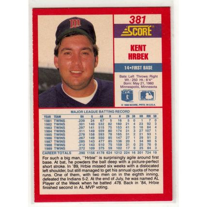 1990 Score Kent Hrbek baseball card #381 – Twins