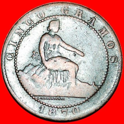 REPUBLIC: SPAIN ★ 5 CENTIMOS 1870 OM! LOW START ★ NO RESERVE!!!