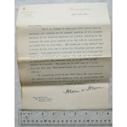 1923 letter Hearn & Hearn, Buckingham re purchase of business in Market Hill