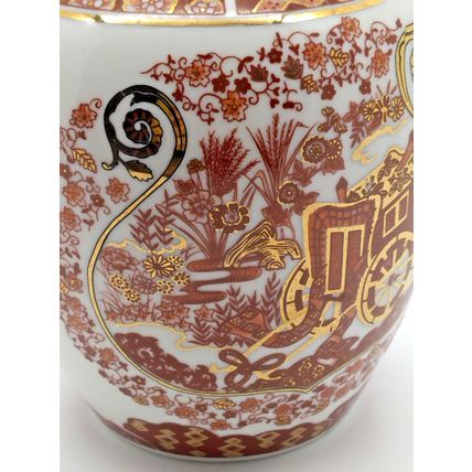 Porcelain Floral Carriage Vase 5 1/2" H Red Gold Trim Decorative Vase Home Decor