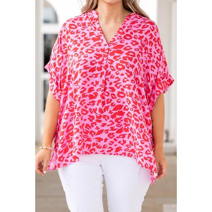 Rose Leopard Print V Neck Half Sleeve Plus Size Blouse