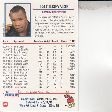 SUGAR RAY LEONARD 1991 AUTOGRAPHED BOXING HALL OF FAME WORLD SUPER MIDDLEWEIGHT