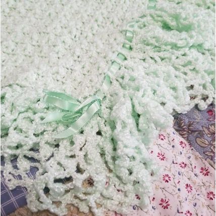 Vintage Handmade Crochet Baby Blanket + Mint + Ribbon