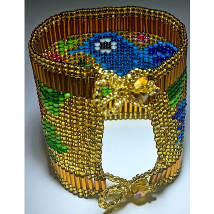 Traditional Huichol Art. Mexico Glass Seed Beads Bracelet. Legendary birds 3