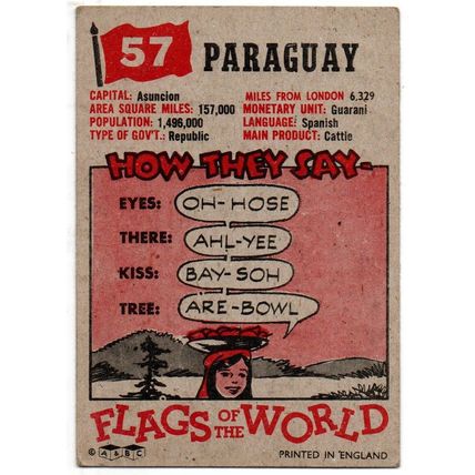A & B C GUM TRADE CARD FLAGS OF THE WORLD 1959 No. 57. PARAGUAY 95 X 67 mm