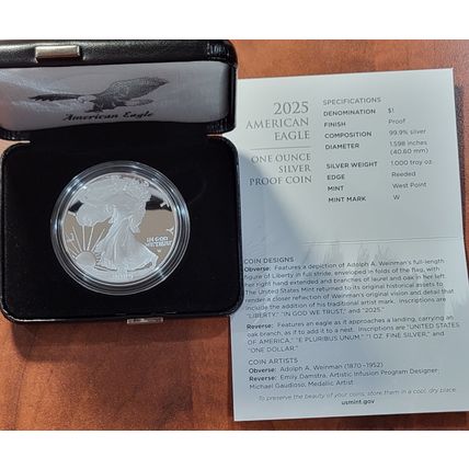 1oz Silver 2025-W Proof $1 American Silver Eagle Box With COA