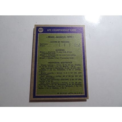 1972 Topps Football Card # 137 AFC Championship Game Dolphins & Colts