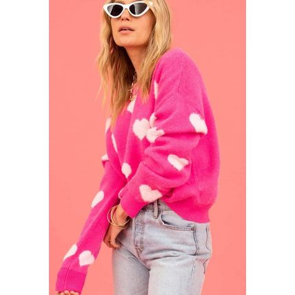 Bright Pink Fuzzy Valentine Hearts Drop Shoulder Sweater