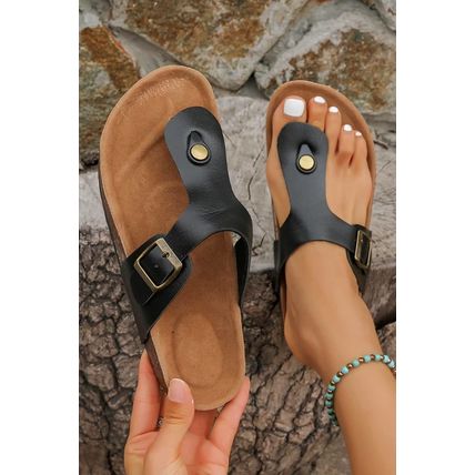 Black Vintage Buckle PU Leather Thong Slippers