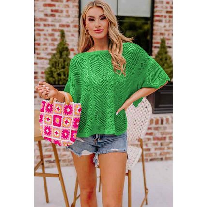 Green Pointelle Knit Scallop Edge Short Sleeve Top