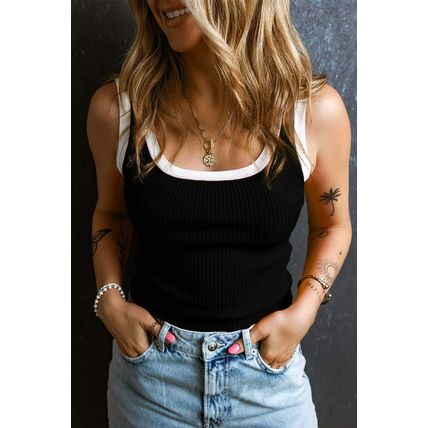 Black Colorblock Edge Ribbed Knit U Neck Tank Top