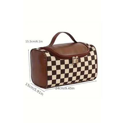 Black Checkered PU Leather Zipper Makeup Bag