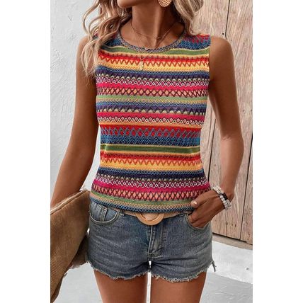 Yellow Ethnic Wavy Pattern Round Neck Sleeveless Top