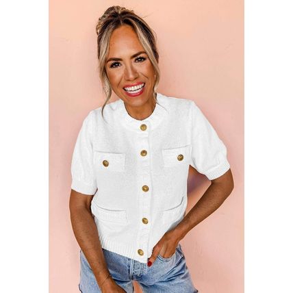 White Gold Buttons Textured Sweater T Shirt
