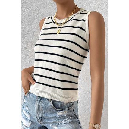 White Striped Round Neck Sweater Vest