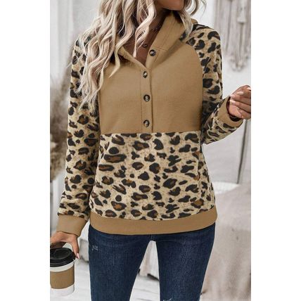 Light French Beige Leopard Print Patchwork Raglan Sleeve Half Buttons Hoodie