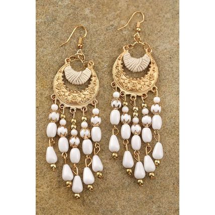 White Boho Beaded Tassel Alloy Charm Earrings