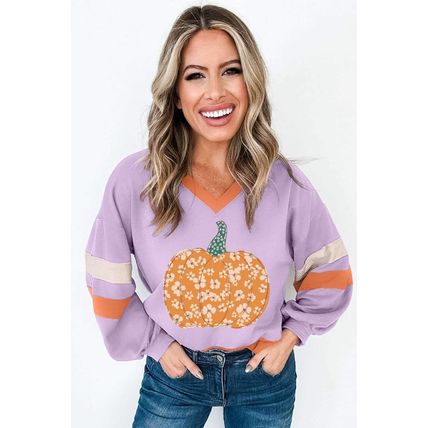 Orchid Bouquet Halloween Floral Pumpkin Color Block V Neck Sweatshirt