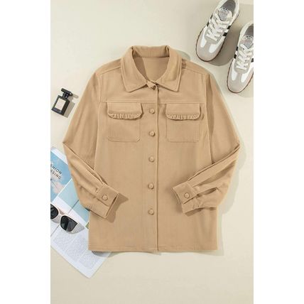 Light French Beige Solid Frilled Flap Pocket Button Up Corduroy Shacket