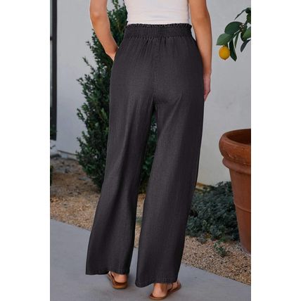 Black Side Pockets Frilled Smocked High Waist Wide Leg Jeans