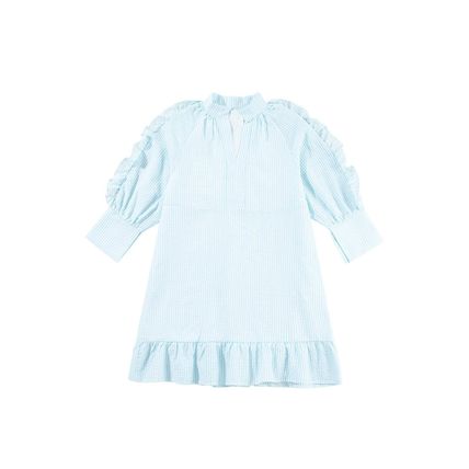 Myosotis Seersucker Ruffled Puff Sleeve Stand Neck Mini Dress