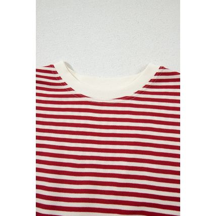 Red Stripe Bowknot Cutout Back Drop Shoulder Wide Bracelet Sleeve Loose Tee